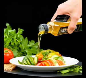 Kokonati Organic coconut cider Vinegar being drizzled over a salad or greens,   • Vinegar bottle beside fresh herbs & salad ingredients,