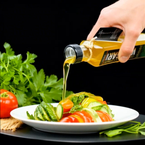 Kokonati Organic coconut cider Vinegar being drizzled over a salad or greens,   • Vinegar bottle beside fresh herbs & salad ingredients,