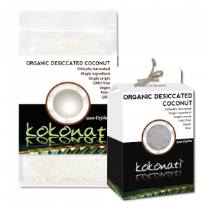 Kokonati Organic Desiccated Coconut 500g bag and box