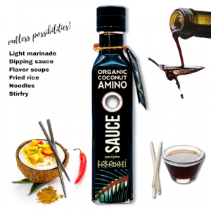 Organic coconut Amino sauce being used as a condiment