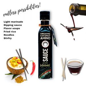 Organic coconut Amino sauce being used as a condiment