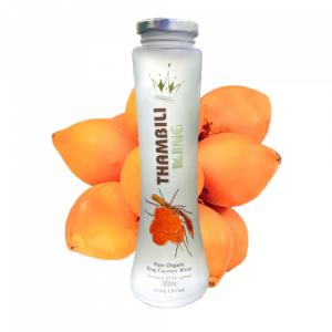 Organic King Coconut Water with king coocnut bunch at background_