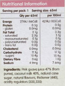 Nutrition Information SMOOZE Pink GUAVA, and COCONUT FRUIT ICE