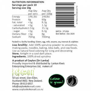 Nutrition information and product label Spirulina powder