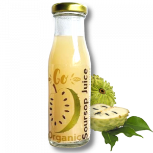 Go Organic Soursop juice 200ml in a glass bottle. Made from soursop pulp