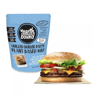 Vegan plant-based Grilled burger patty mix - with vegan burger plated next to the mix pack