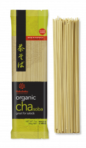 Organic Green Tea Noodles 200g packet with noodles bundle on side