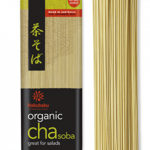 Organic Green Tea Noodles 200g packet with noodles bundle on side