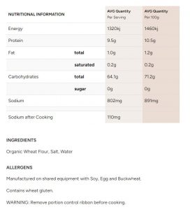 Nutrition Information - Organic Noodles Somen 270g