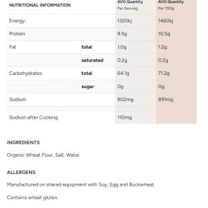 Nutrition Information - Organic Noodles Somen 270g