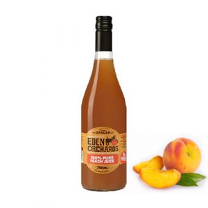 100% Pure Peach Juice 750ml glass bottle with peaches in the background