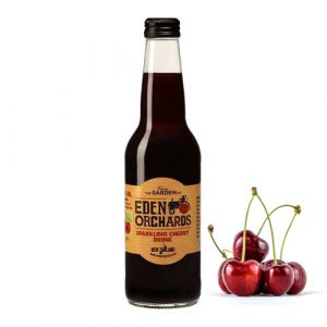 Refreshing Sparkling cherry Juice 330ml with cherry fruits in the background