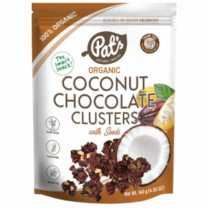 front of Pats Organic Coconut Chocolate Clusters seeds
