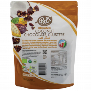 front of Pats Organic Coconut Chocolate Clusters seeds