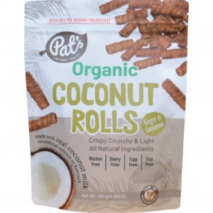 front of Pats Organic Coconut Rolls –Ginger & Cinnamon