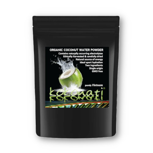 Organic coconut water powder in black pouch