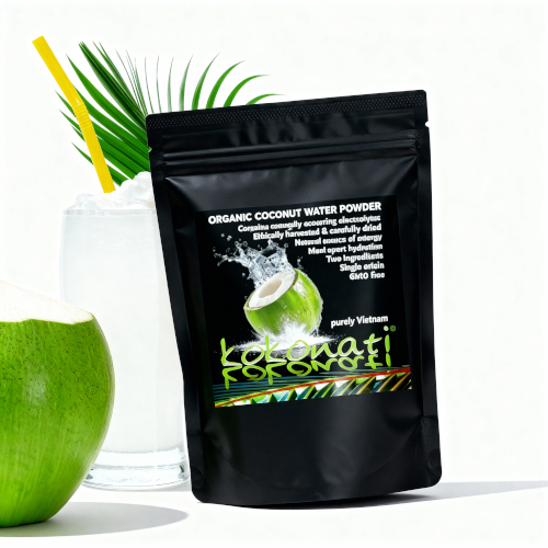 Organic Coconut water powder with an cut green coconut and a glass of coconut water on the side 500px X 500px Organic coconut water powder in black pouch with a green coconut cut on the side with coocnut water in a tall glass made from cocontu water powder